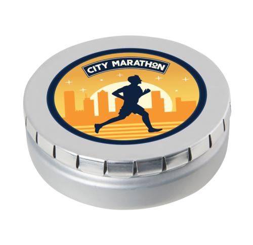 Promotional Large round click tins with dextrose mints. 75mm dia
