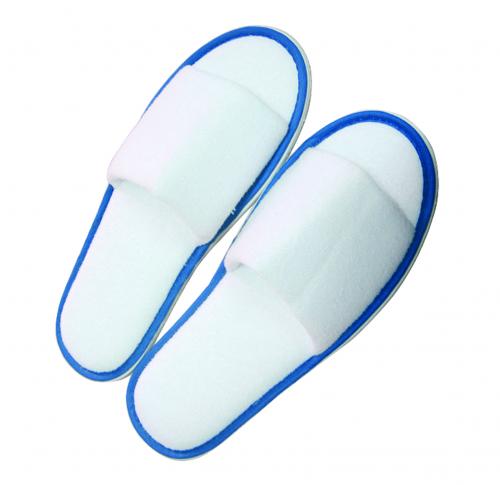 Pair of slippers, open toe, white terry with coloured band and with EVA sole