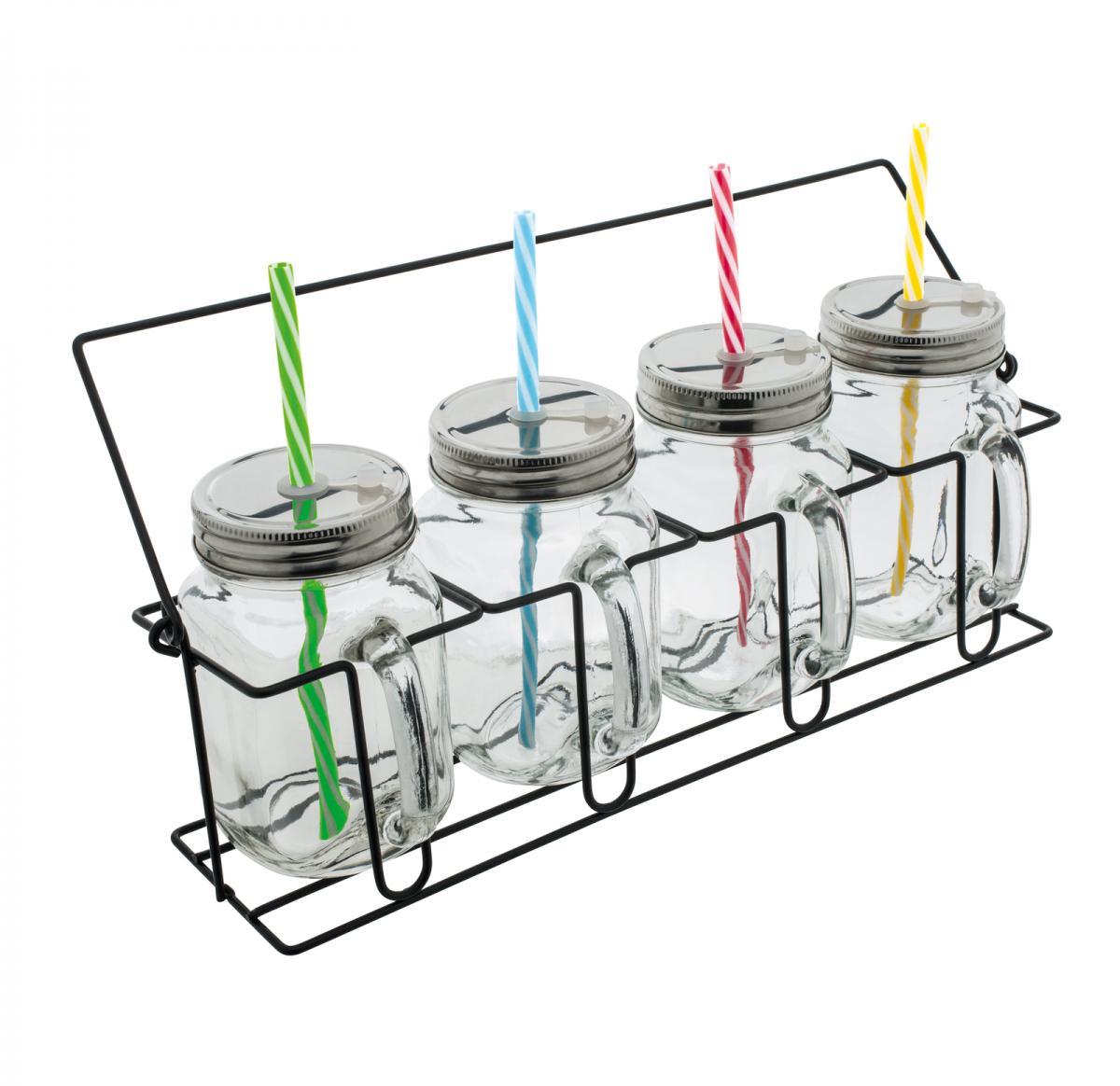 Printed Set Of 4 Glass Mason Jars Mugs With Straws -ARACUJA