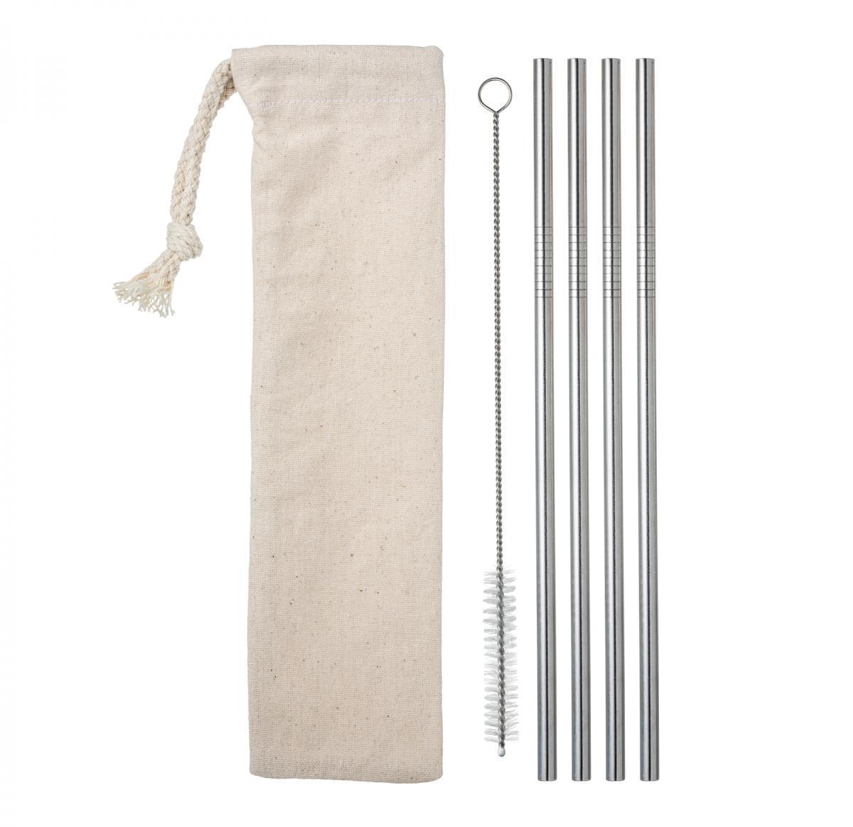 4 Reusable Stainless Steel Straws, Cleaning Brush & Pouch Printed Logo