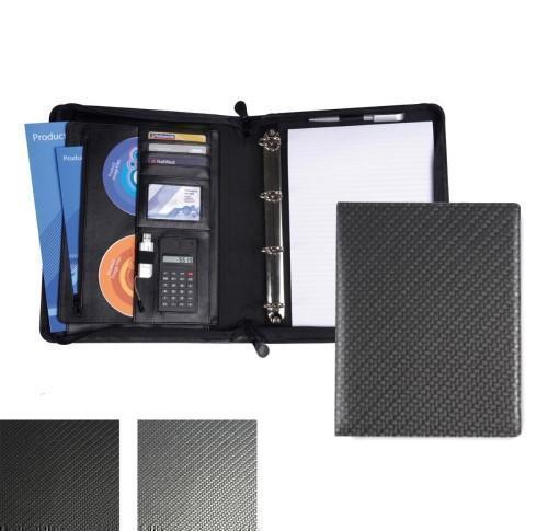 Customised PU A4 Deluxe Zipped Conference Folders Ring Binder Carbon Fibre Effect 