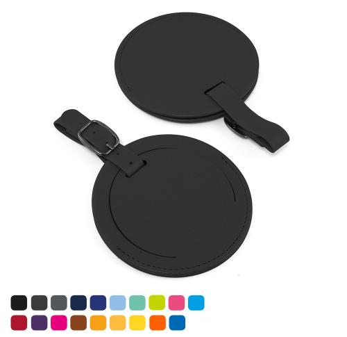 Custom Logo Round Luggage Tag With A Security Flap In Soft Touch Vegan Torino PU. 