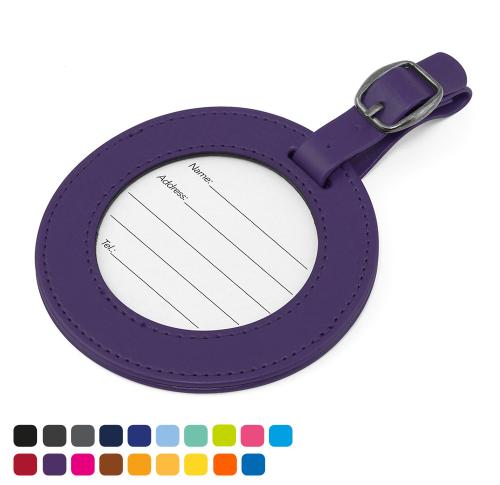 Custom Logo Round Luggage Tag With Clear Window To Show Details Card. In Soft Touch Vegan Torino PU. 