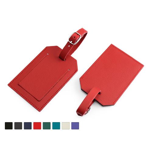 Customised Bespoke Recycled ELeather Rectangular Luggage Tag With Security Flap, Made In The UK In A Choice Of 8 Colours.