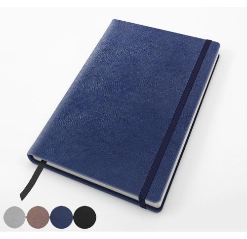 A5 Casebound Notebook with Elastic Strap in textured Saffiano in 4 metallic colours. 
