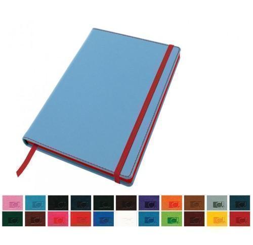 Accent A5 Notebook with a Belluno Soft Touch Cover in a Choice of 22 Colours with a Contrast Colour Elastic Strap, Edge Stitch, Edge Stained Paper & Page Marker.